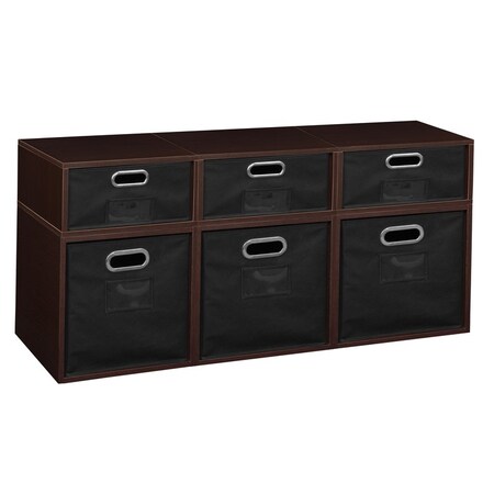 Regency Niche Cubo Storage Organizer Open Bookshelf Set- 3 Full Cubes/3 Half Cubes with Foldable Storage Bins- Truffle/Black PC3F3HTF-3F3HBK